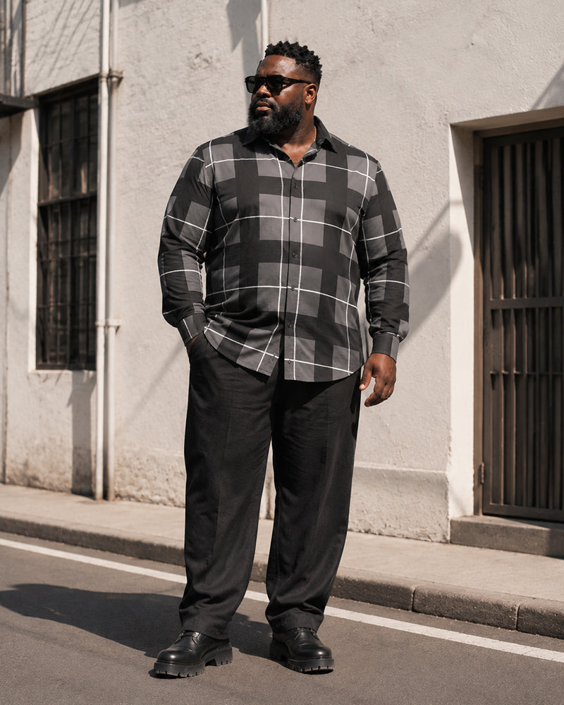 Big & Tall Men's Black And Gray Plaid Printed Long Sleeve Shirt Trousers Set