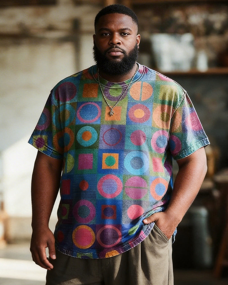 Big & Tall Men's Colorful Geometric Patchwork Print Round Neck Short Sleeve Tee