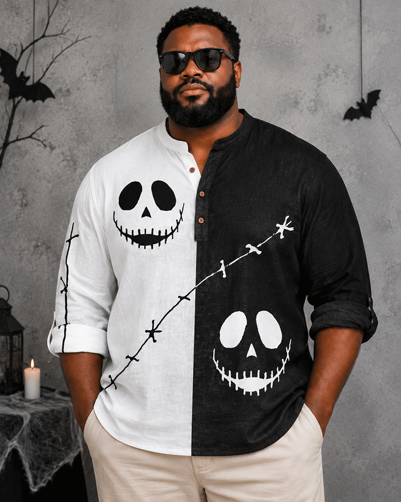 Big & Tall Men's Black And White Contrast Skull Print Collar Long Sleeve Shirt