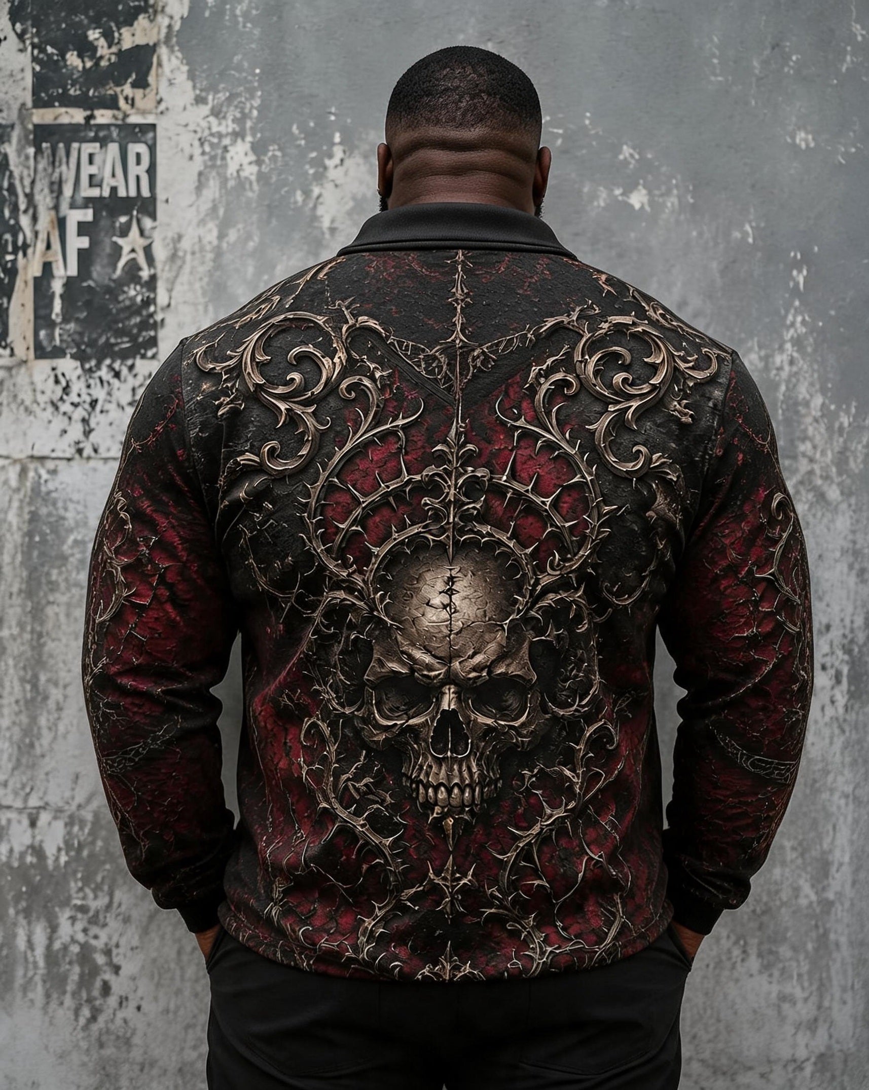 Big & Tall Men's Halloween Thorn Embossed Vintage Skull Print POLO Collar Zipper Long Sleeve