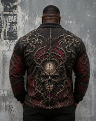 Big & Tall Men's Halloween Thorn Embossed Vintage Skull Print POLO Collar Zipper Long Sleeve