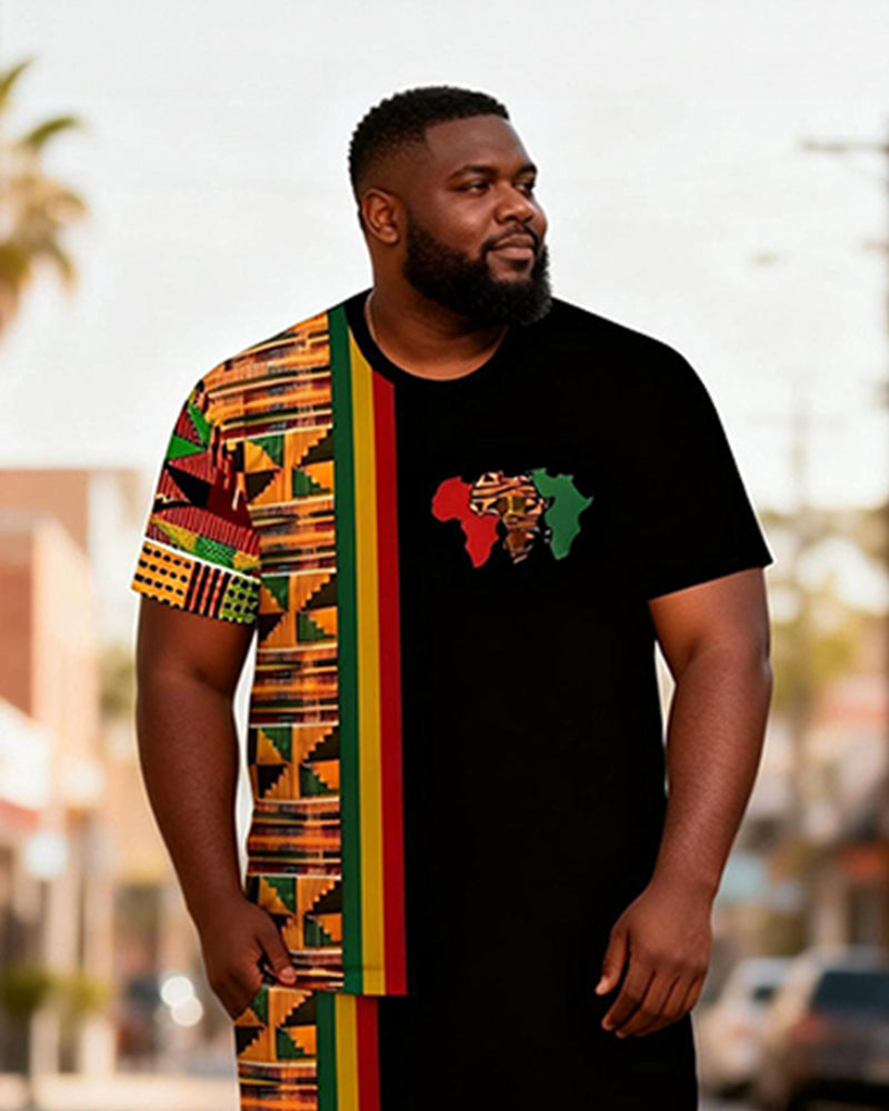 Big & Tall Men's African Kent Pattern Patchwork Printed Crewneck Short Sleeve T-Shirt Shorts Set