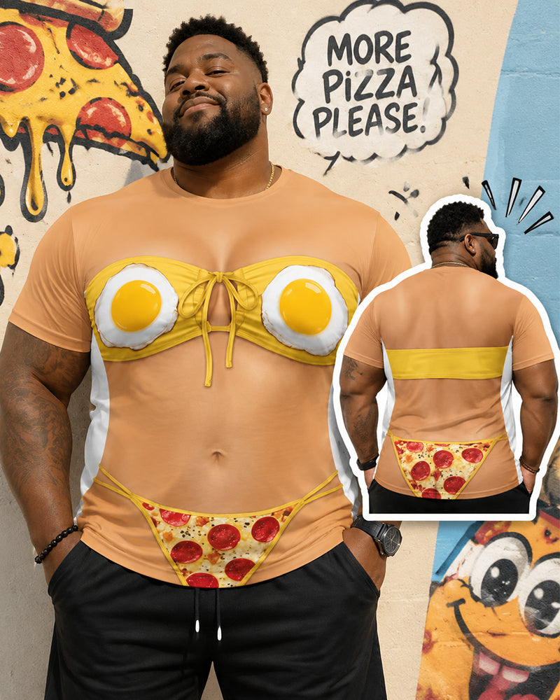Big & Tall Men's Omelette Bikini Pizza Panties Fun Printed Round Neck Short Sleeve T-Shirt