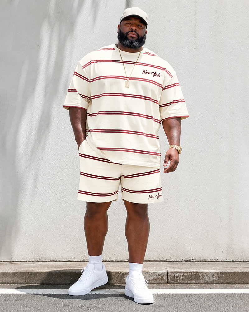Big & Tall Men's Wine Red Horizontal Stripe New York Printed Round Neck Short Sleeve T-Shirt Shorts Set