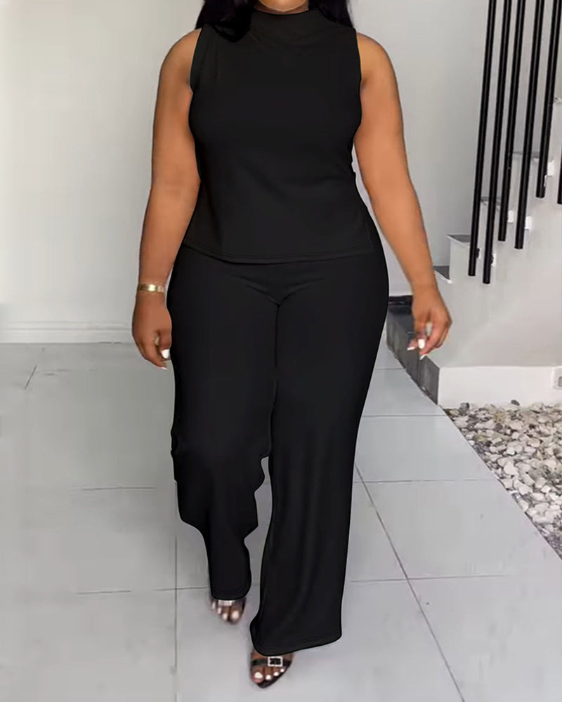 XL-4XL Women's Solid Color Casual Sleeveless Pants Set