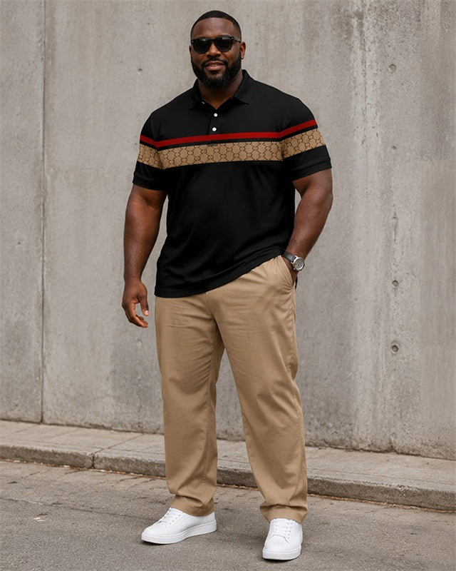 Big & Tall Men's Black And Red Stripe Patchwork Printed Polo Short Sleeve Pants Set