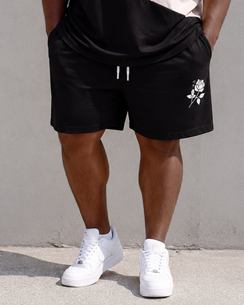 Big & Tall Men's Contrast Rose Print Round Neck Short Sleeve T-Shirt Shorts Set