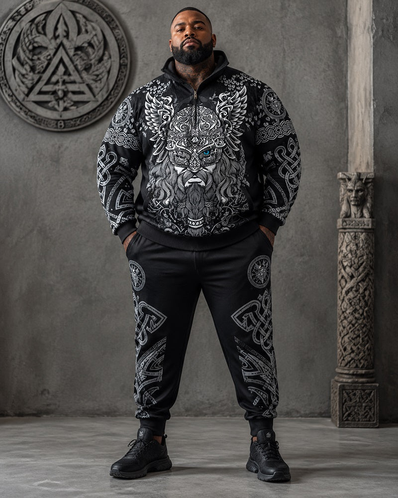 Big & Tall Men's Odin Statues Nordic Rune Printed Half-Zip Sweat Set