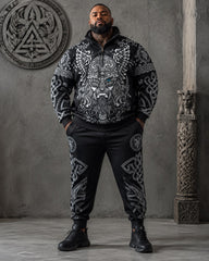 Big & Tall Men's Odin Statues Nordic Rune Printed Half-Zip Sweat Set
