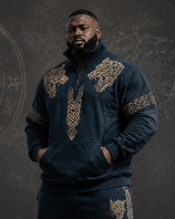 Big & Tall Men's Wolf Head Viking Rune Print Half Zip Sweat Set