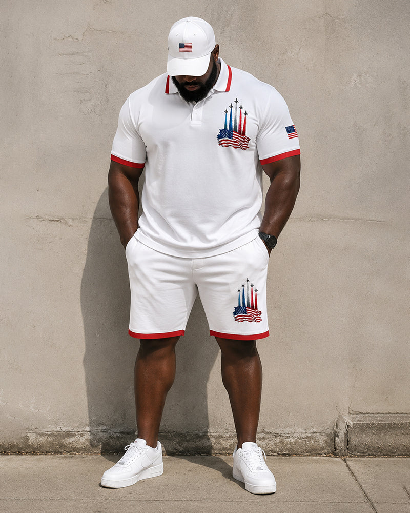 Big & Tall Men's Flag Rocket Print POLO Short Sleeve Shorts Set