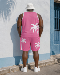 Big & Tall Men's Rose Pink White Edge Coconut Tree Print Vest Shorts Set