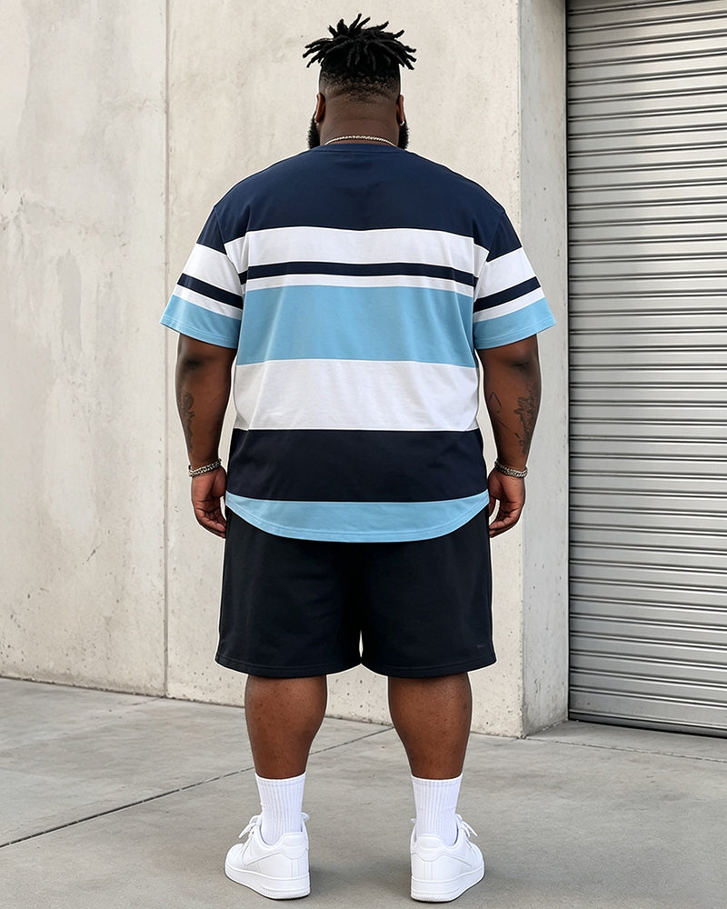 Big & Tall Men's Color Contrast Striped Flying Eagle Printed Crewneck Short Sleeve T-Shirt Shorts Set