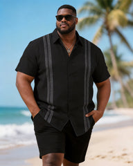 Big & Tall Men's Black Exquisite Striped Print Short Sleeve Shirt Shorts Set