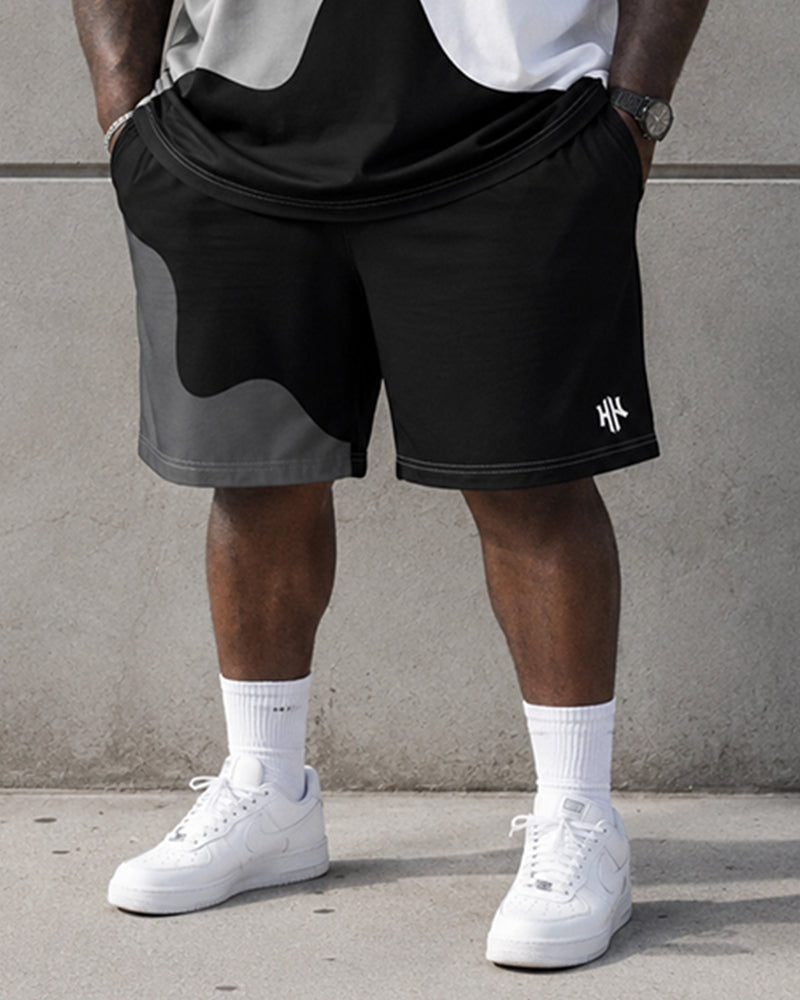 Big & Tall Men's Black And White Gray Gradient Wave Stitching Printed Round Neck Short Sleeve T-shirt Shorts Set