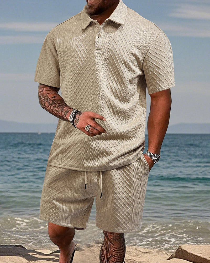 S-5XL Jacquard Men's Casual Sports Lapel Polo Shirt Short Sleeve Suit