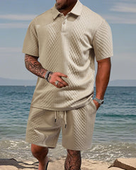 S-5XL Jacquard Men's Casual Sports Lapel Polo Shirt Short Sleeve Suit