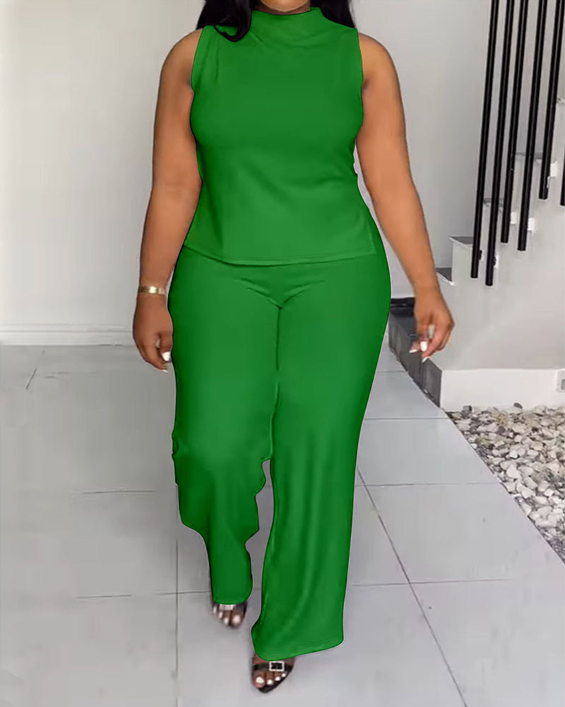 XL-4XL Women's Solid Color Casual Sleeveless Pants Set