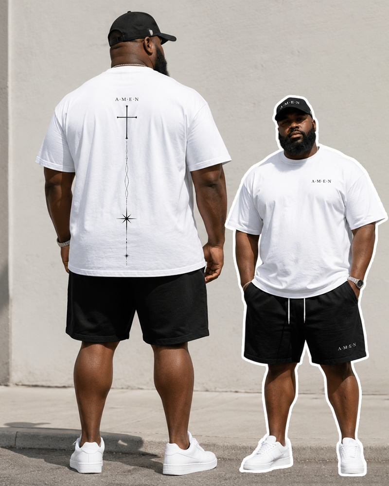 Big & Tall Men's Faith AMEN Vertical Cross Printed Crewneck Short Sleeve T-Shirt Shorts Set