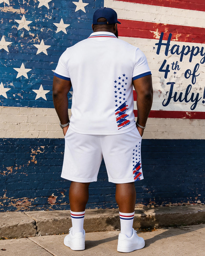 Big & Tall Men's God Bless America Letter Flag Print POLO Short Sleeve Shorts Set