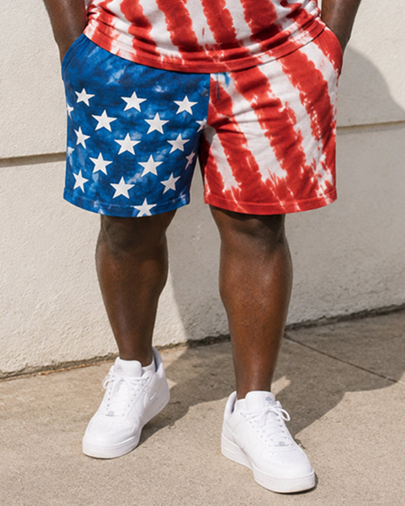 Big & Tall Men's Tie-dye Star-stripe Contrast Printed Crew Neck Short Sleeve T-shirt Shorts Set