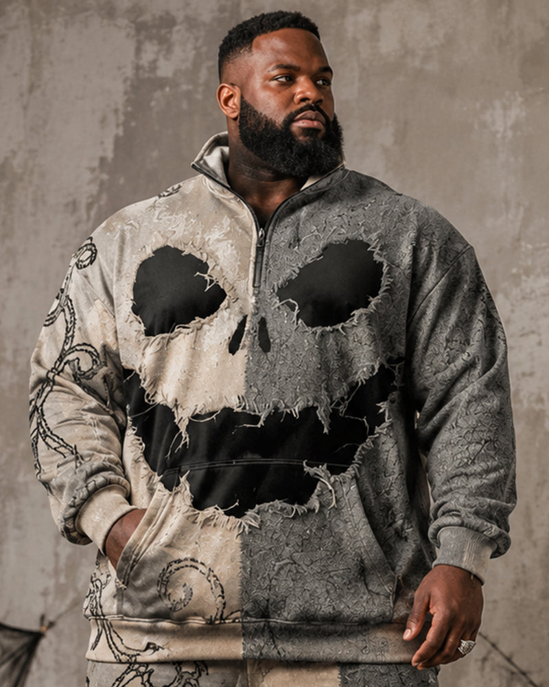 Big & Tall Men's Retro Patchwork Pumpkin Devil Face Print Half-Zip Hoodie Set