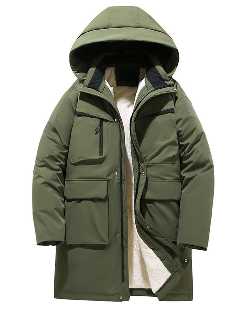 6XL-13XL Fleece-lined Three-proof Men's Mid-length Hooded Jacket