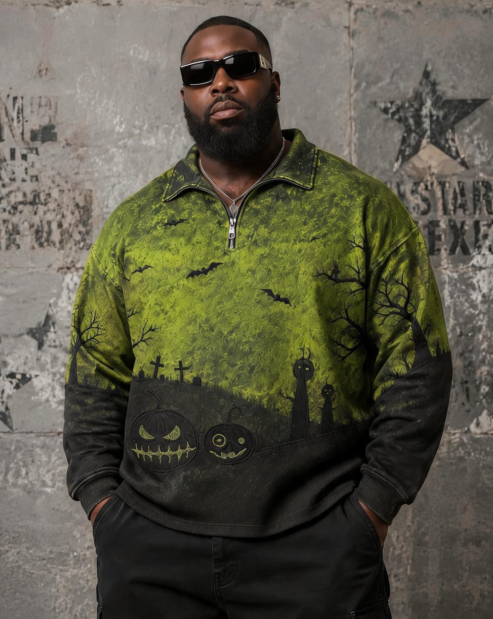 Big & Tall Men's Halloween Pumpkin Bat Cemetery Print POLO Collar Zipper Long Sleeve
