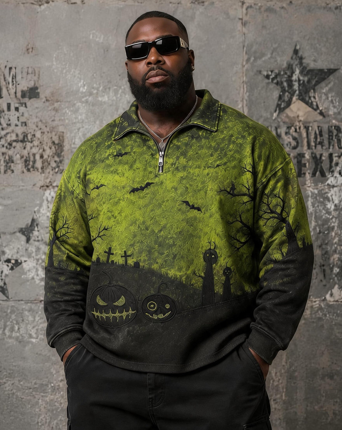 Big & Tall Men's Halloween Pumpkin Bat Cemetery Print POLO Collar Zipper Long Sleeve