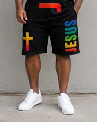 Big & Tall Men's JESUS Rainbow Gradient Print Round Neck Short Sleeve T-Shirt Shorts Set