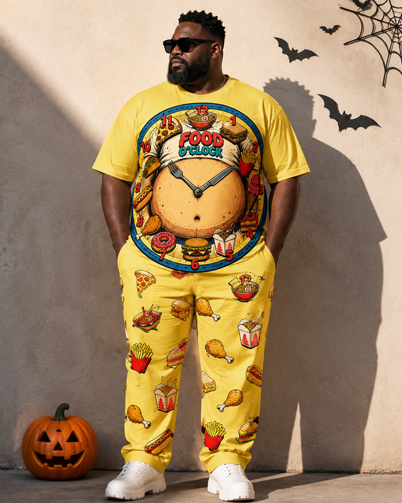 Big & Tall Men's Food Clock Burger Fries Printed T-Shirt Pants Set