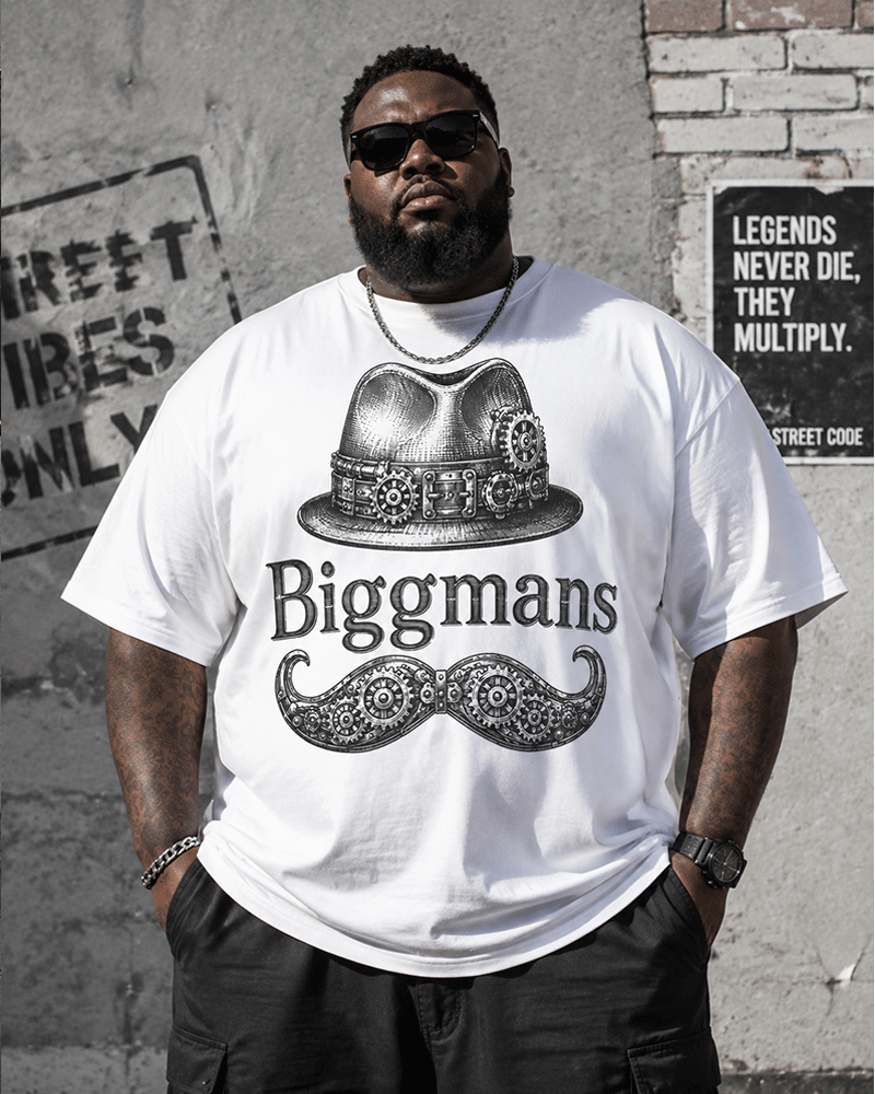 Big & Tall Men's Steampunk Gear Top Hat Beard Printed Round Neck Short Sleeve T-Shirt