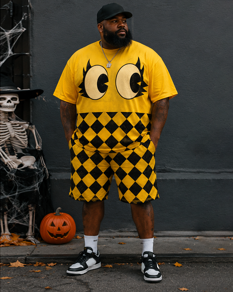 Big & Tall Men's Retro Distressed Big Eyes Yellow And Black Diamond Check Printed Crew Neck Short Sleeve T-shirt Shorts Set