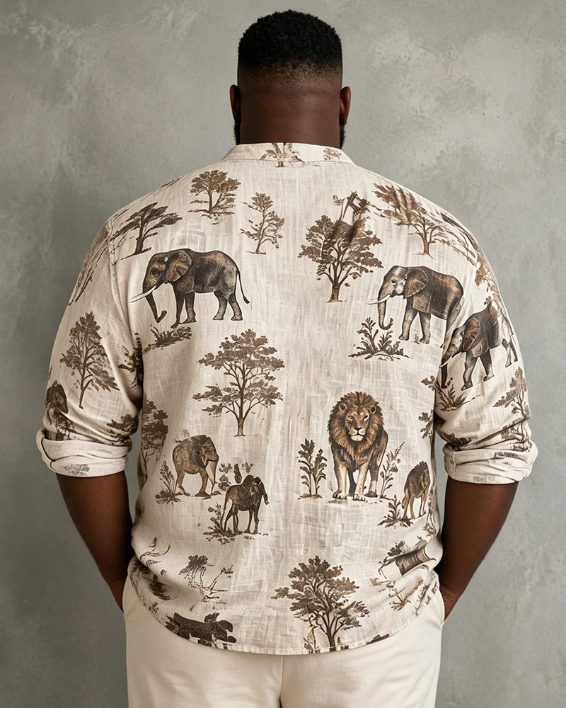 Big & Tall Men's African Grassland Lion Elephant Animal Print Stand-up Collar Long Sleeve Shirt