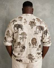 Big & Tall Men's African Grassland Lion Elephant Animal Print Stand-up Collar Long Sleeve Shirt