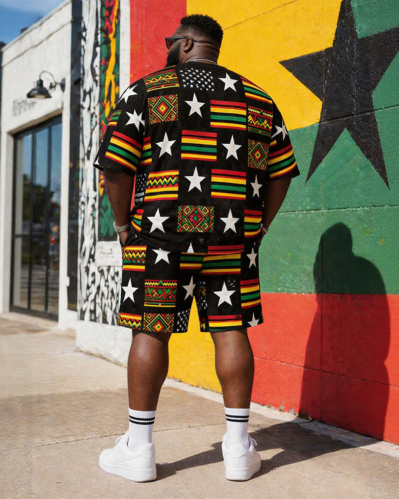 Big & Tall Men's Reggae Color Star Geometric Print Round Neck Short Sleeve T-Shirt Shorts Set