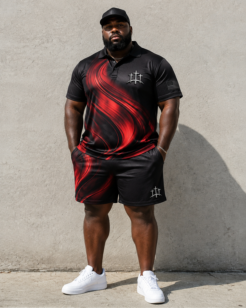 Big & Tall Men's Black And Red Gradient Fluid Pattern Cross Printed POLO Short Sleeve Shorts Set