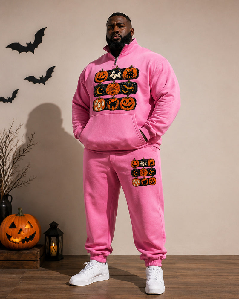 Big & Tall Men's Pink Pumpkin Ghost Print Half Zip Sweat Set