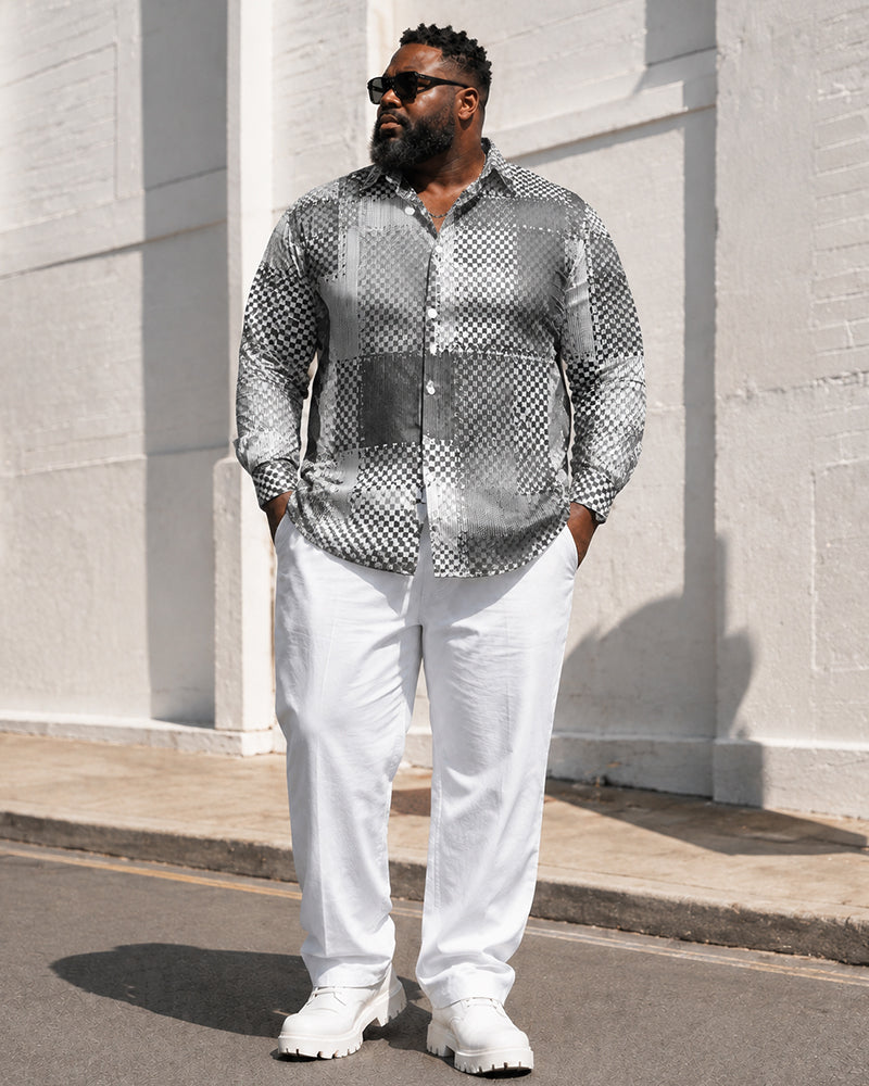 Big & Tall Men's Checkerboard Patchwork Printed Long Sleeve Shirt Pants Set