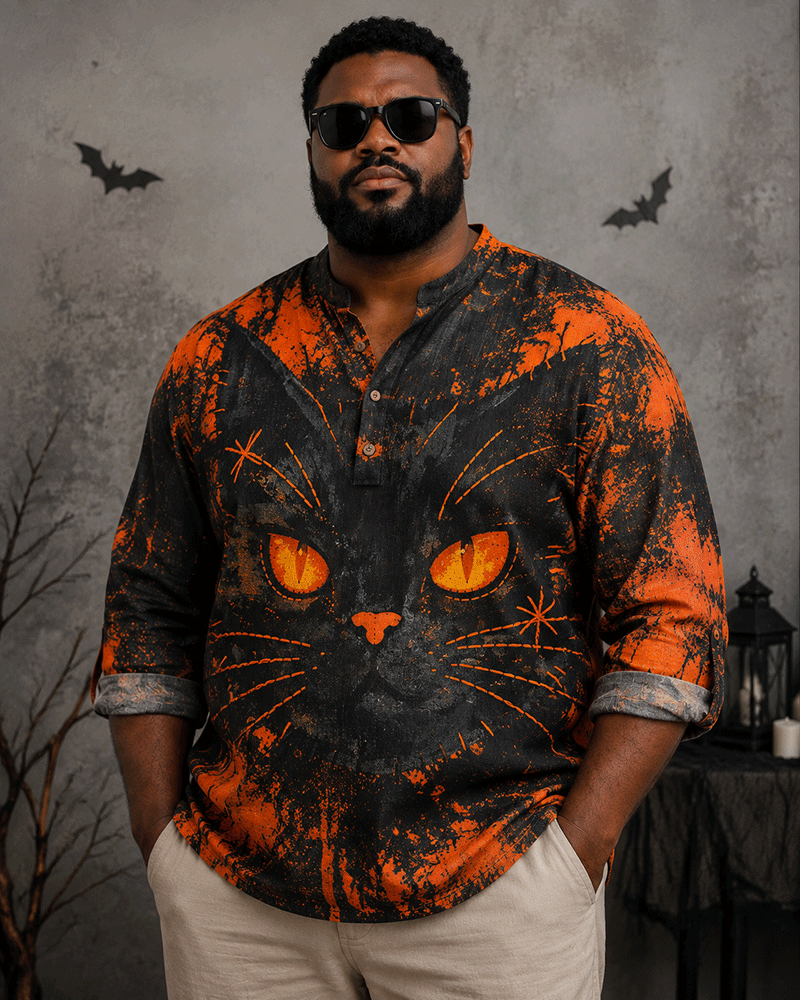 Big & Tall Men's Halloween Black Cat Positive And Reverse Printed Collar Long Sleeve Shirt