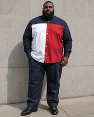 Big & Tall Men's Navy Blue, White And Red Contrast Stitching Printed Long Sleeve Shirt And Trousers Set