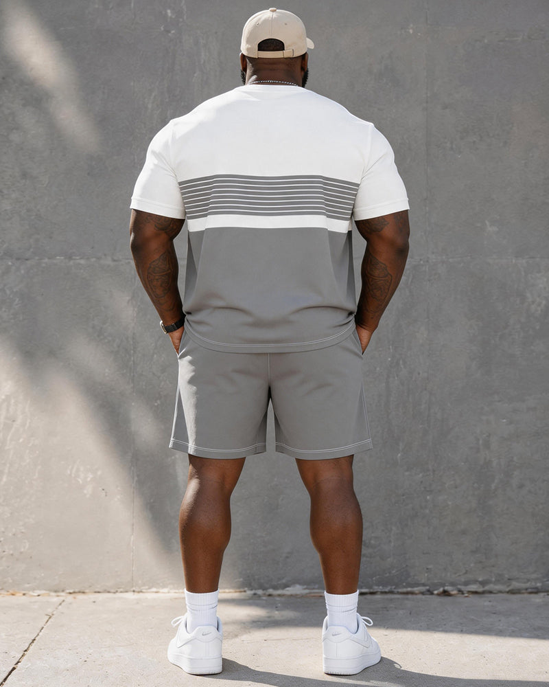 Big & Tall Men's Gray And White Horizontal Stripes Contrast Printed Crew Neck Short Sleeve T-shirt Shorts Set