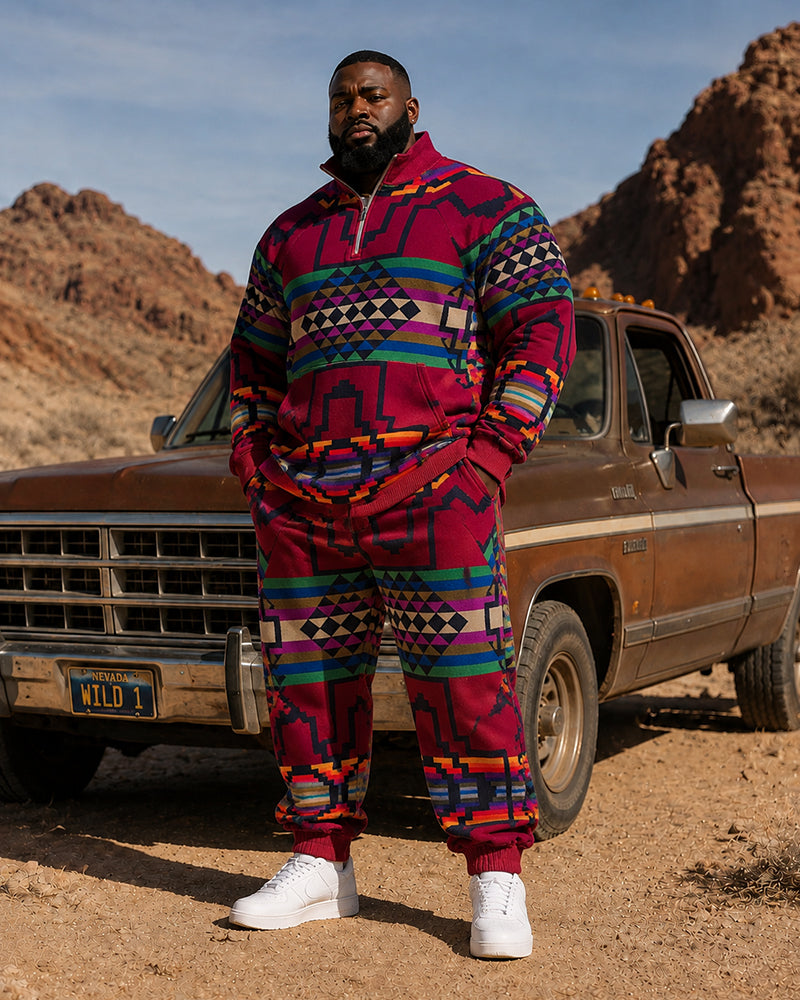 Big & Tall Men’s Ethnic-Style Geometric Print Half-Zip Hoodie Set