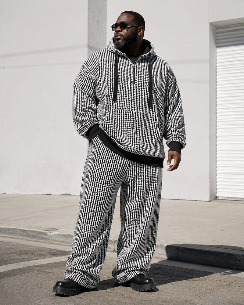M–8XL Plus‑Size Men’s Houndstooth Half‑Zipped Hoodie Set
