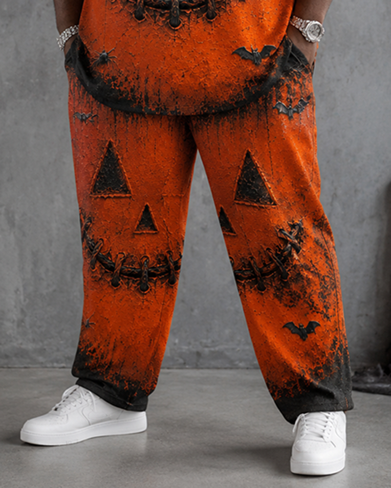 Big & Tall Men's Vintage Pumpkin Grimace Distressed Printed T-shirt Trousers Set