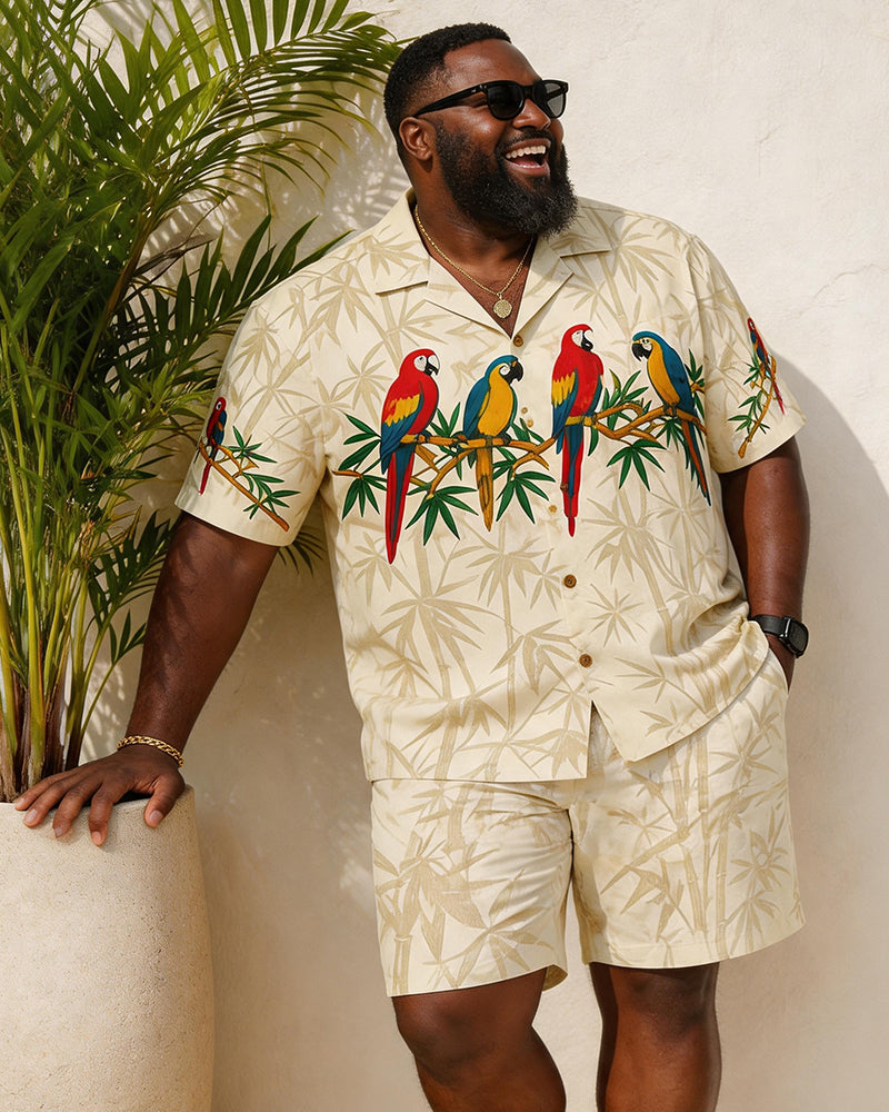 Big & Tall Men's Retro Parrot And Bamboo Print Short-Sleeve Shirt And Shorts Set