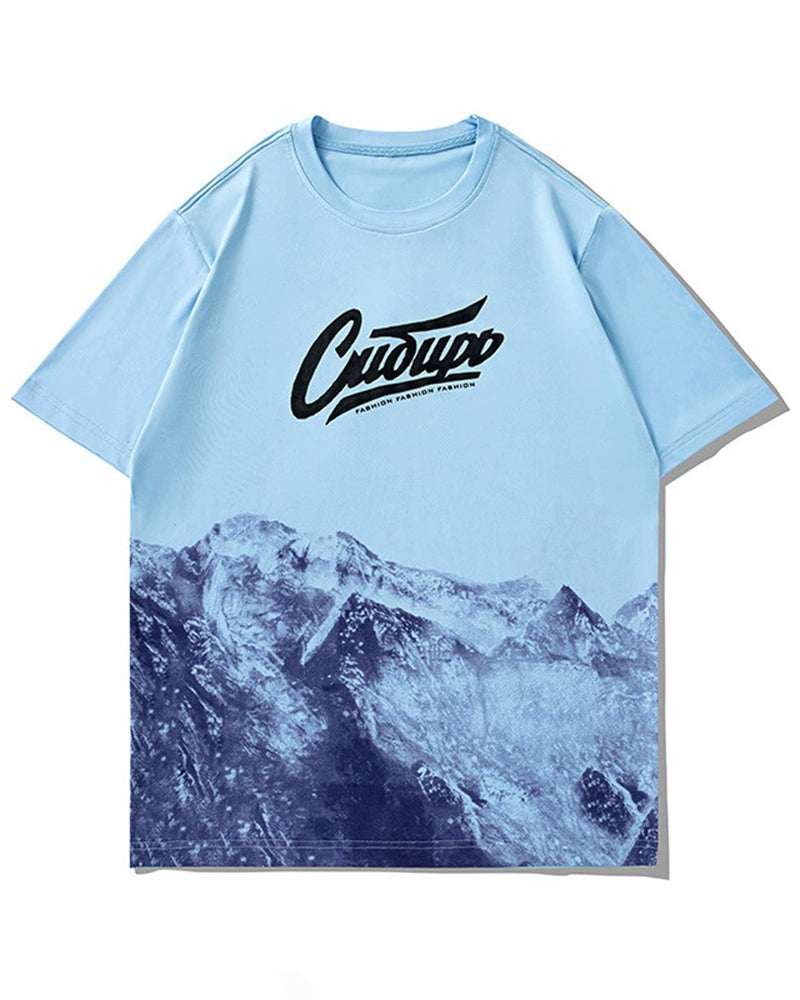 M-8XL Mountains Letter-Print Short-Sleeve Tee