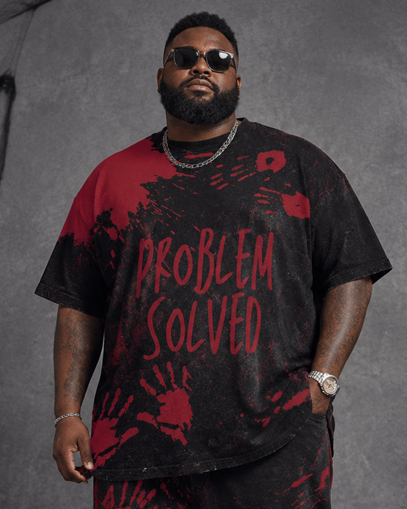 Big & Tall Men's Retro Distressed Blood Handprint Letter Printed T-shirt Trousers Set