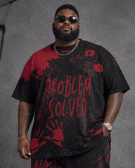 Big & Tall Men's Retro Distressed Blood Handprint Letter Printed T-shirt Trousers Set
