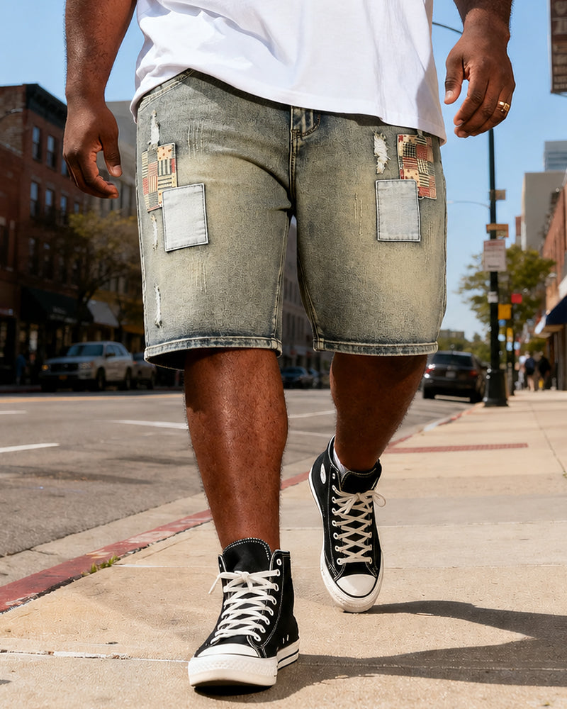 M-6XL Large Size Men's Dressed Yellow Mud Patch Hole Five-point Denim Shorts